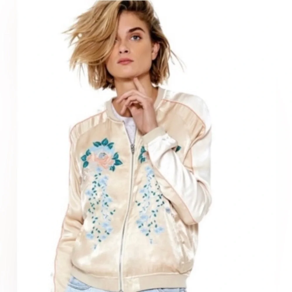 Blank NYC Satin Bomber Jacket Embroidered Floral Cream